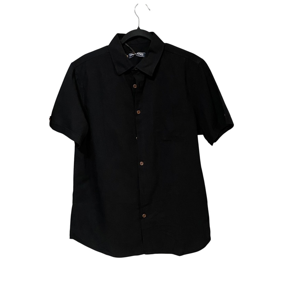 PJ Paul Jones Mens Short Sleeve Button Down Shirt Black Cotton Viscose Blend